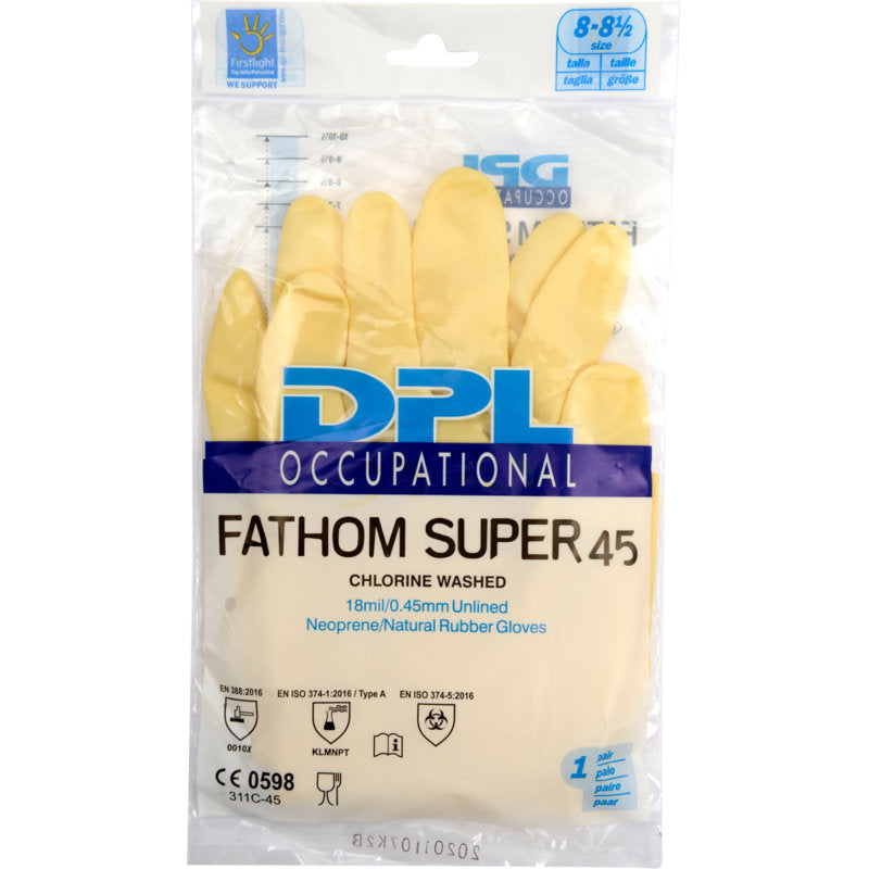 Eine durchsichtige Kunststoffverpackung enthält gelbe Haushaltshandschuhe Latex, Gelb, Neopren von Abena Re-Seller GmbH. Das Etikett zeigt den Marken- und Produktnamen sowie Zertifizierungen und Details.