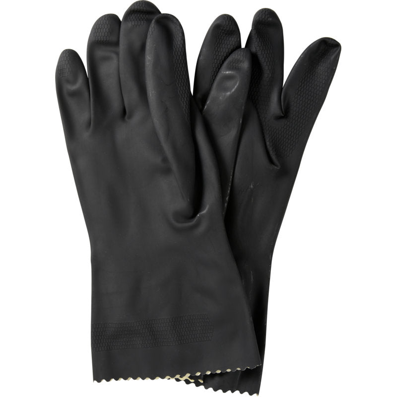Ein Paar Abena Re-Seller GmbH Haushaltshandschuhe Latex, Schwarz mit strukturierten Fingerspitzen und Handflächen und geschwungenen Stulpen liegt flach auf einem weißen Hintergrund.