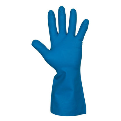 A single blue nitrile household glove from Abena Re-Seller GmbH stands upright with its fingers spread against a white background; it appears unused and is intended for hand protection during cleaning tasks.