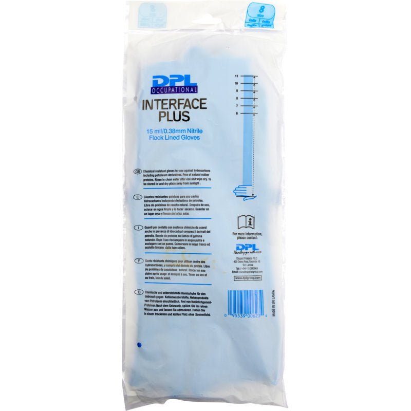 A transparent package labeled "Nitrile Household Gloves, Blue" by Abena Re-Seller GmbH contains blue nitrile gloves. The package lists product details and instructions for use for these latex-free household gloves.