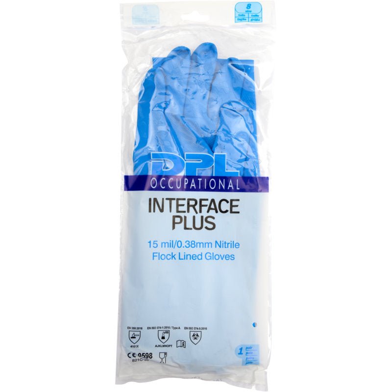 A clear plastic package contains a pair of blue nitrile household gloves manufactured by Abena Re-Seller GmbH, labeled "Nitrile, Blue." Certification symbols are located on the bottom of the package.