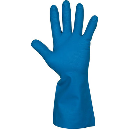 A single blue nitrile household glove from Abena Re-Seller GmbH is shown standing upright, with its fingers spread and the palm facing forward, against a plain white background.