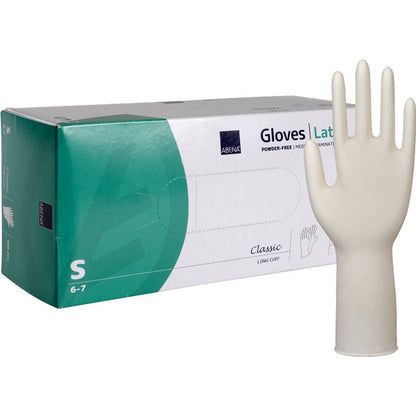 A pack of Abena Re-Seller GmbH Latex Gloves Classic, powder-free, long, natural, size Small - a white latex glove stands upright next to the packaging. Ideal for medical applications and long-lasting protection.