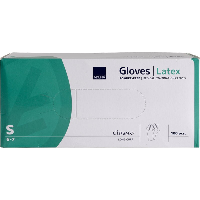 A box of Abena Re-Seller GmbH Latex Gloves Classic, size Small, powder-free, long, natural, 100 pieces. The white box with green accents is labeled as "Classic".