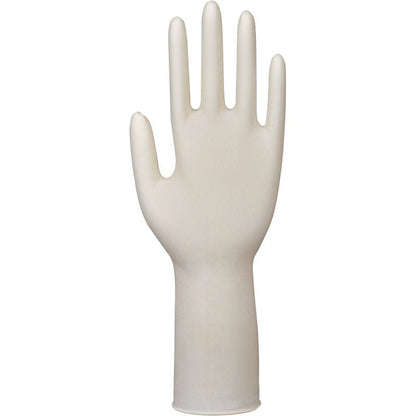 A single Abena Re-Seller GmbH Latex Glove Classic, powder-free, long, natural is presented upright with the palm facing forward and extended fingers to emphasize its professional design.
