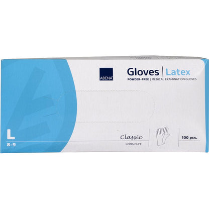 A blue-white box of Abena Re-Seller GmbH Latex Gloves Classic, powder-free, long, natural, size large (8-9), with classic long protective cuff; contains 100 medical examination gloves.