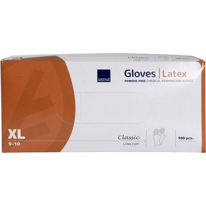 A box of Abena Re-Seller GmbH Latex Gloves Classic, powder-free, long, natural, size XL (9-10), contains 100 medical gloves in orange-white packaging.
