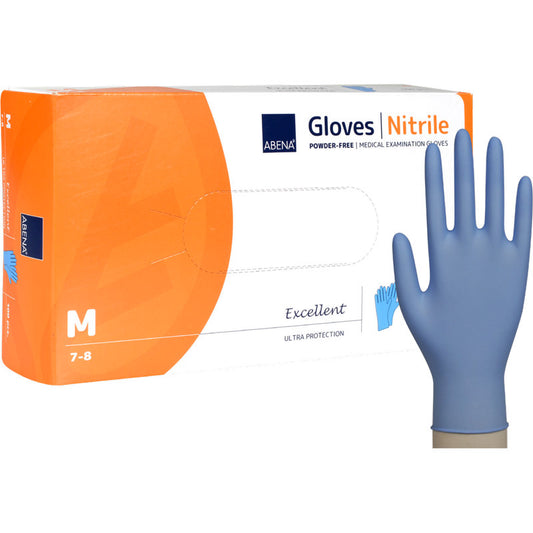 Eine Packung "Nitril-Handschuhe Excellent, puderfrei, blau" von Abena Re-Seller GmbH. Ein einzelner blauer Handschuh steht aufrecht neben der als medizinische Untersuchungshandschuhe gekennzeichneten Box.