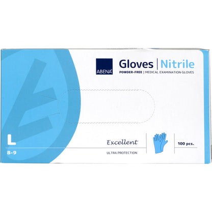 Eine Box Nitril-Handschuhe Excellent, puderfrei und blau von Abena Re-Seller GmbH in Größe Large enthält 100 Stück. Die Verpackung zeigt einen blauen Handschuh und den Schriftzug "Excellent Ultra Protection".
