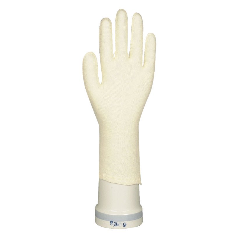 Die Abena Re-Seller GmbH Baumwollhandschuhe mit Finger, die aufrecht mit ausgestreckten Fingern und abgetrenntem Daumen auf einem weißen, zylindrischen Ständer abgebildet sind, eignen sich perfekt für Gartenarbeit und Arbeitsschutz.