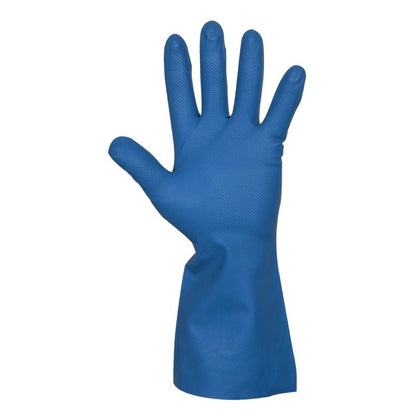 A single Abena Re-Seller GmbH nitrile household glove, blue, is shown upright with its fingers spread apart, highlighting its textured surface and extended wrist against a plain white background.