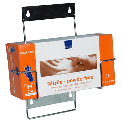 A box of 150 orange-white powder-free Abena nitrile examination gloves (size M, 7-8) is stored in a Flexi Rack wall holder for glove boxes from Abena Re-Seller GmbH.