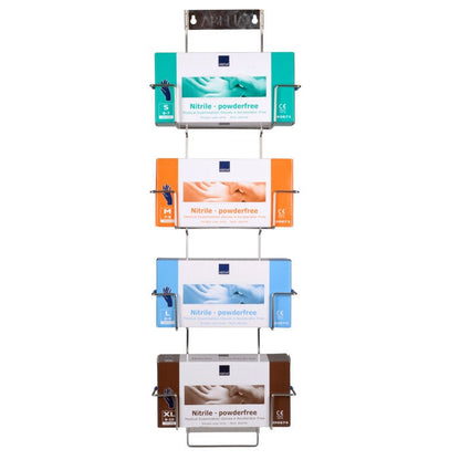 The Flexi Rack from Abena Re-Seller GmbH is a wall-mounted metal holder for four glove boxes - nitrile, powder-free, in sizes small (green), medium (orange), large (blue), and extra-large (brown) - stacked vertically.