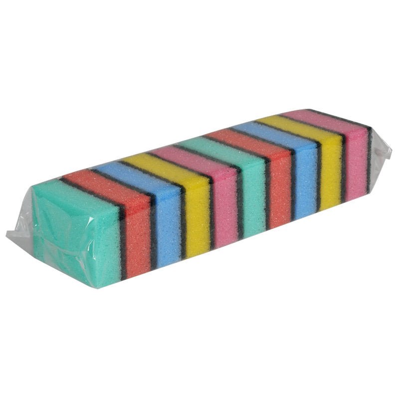 A pack of 10 Abena Re-Seller GmbH cleaning sponges (3x6x9 cm) in various colors, neatly stacked and wrapped in plastic - ideal for all your household cleaning needs.