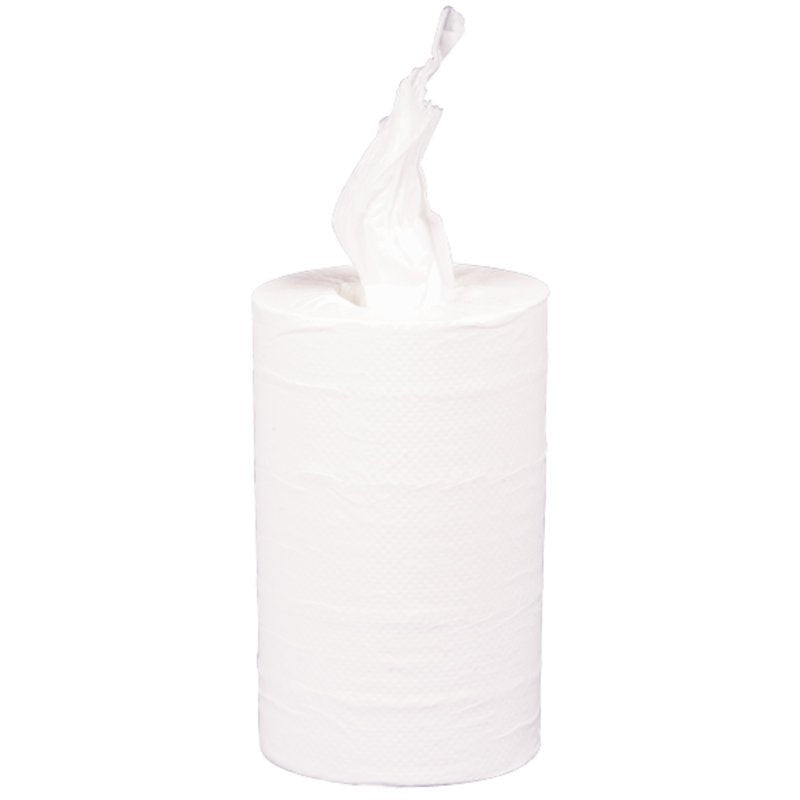 A single white Abena Re-Seller GmbH hand towel roll Mini, 2-ply (20.3 cm x 72 m), stands upright with a sheet pulled from the center against a plain background, highlighting its high absorbency.