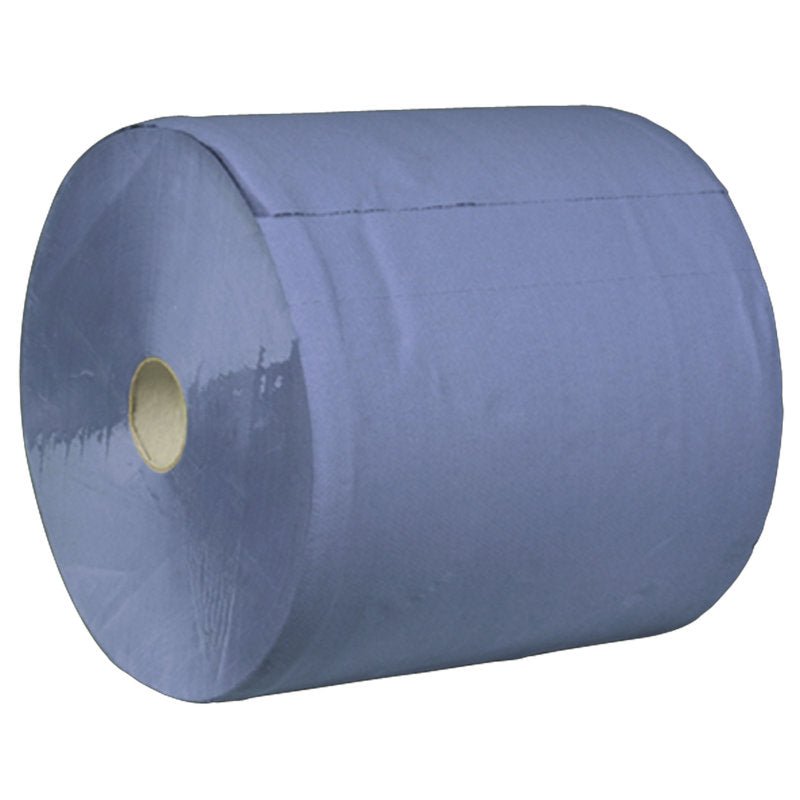 A large blue Abena Re-Seller GmbH workshop roll, 3-ply (35.7 cm x 345 m), with a cardboard core, is depicted lying on its side against a plain white background.