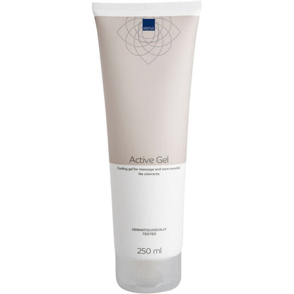 Active Gel, 250 ml tube by Abena Re-Seller GmbH: white and beige with blue logo, dermatologically tested, cooling gel for muscle regeneration, contains no dyes. Package (1 piece).