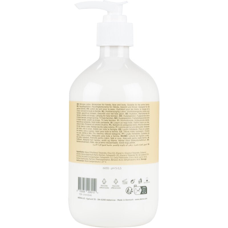 A white plastic pump bottle from Abena Re-Seller GmbH with a beige back label shows product information, ingredients, and details about this lightly perfumed skin care lotion (14% fat content, 500ml) for dry skin. At the bottom edge are symbols and a barcode.