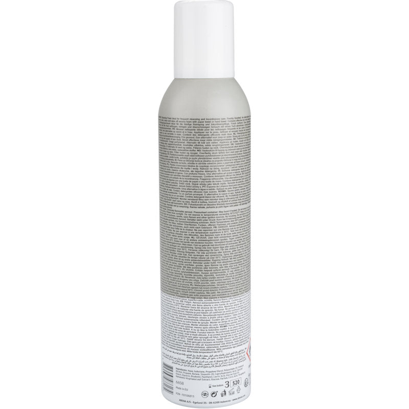 A gray-and-white aerosol can with a white cap, labeled "Cleansing Foam, 400 ml" by Abena Re-Seller GmbH, is shown from the back with detailed product information and instructions for facial cleansing and makeup removal. Packaged in a box of 6.