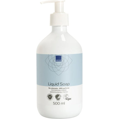 A white bottle of Abena Re-Seller GmbH Liquid Hand Soap, lightly perfumed, with a pump and blue label. The 500 ml vegan soap is dermatologically tested and free from dyes.