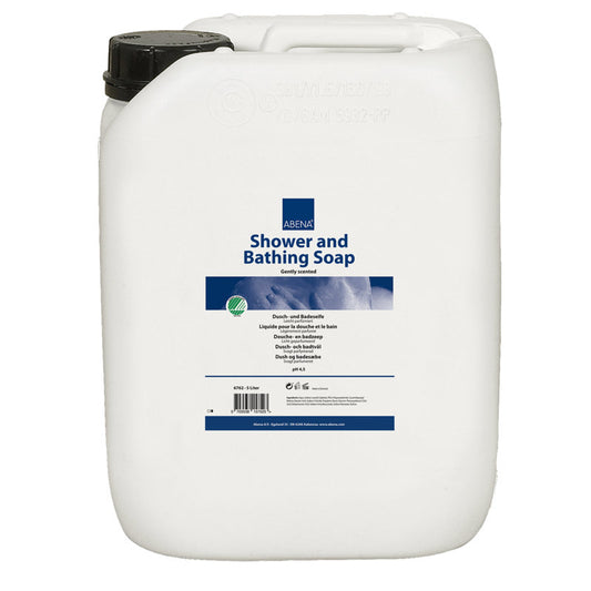 Weiße 5.000-ml-Kunststoffflasche mit schwarzer Kappe und der Aufschrift "Abena Re-Seller GmbH Dusch- und Badeseife, leicht parfümiert" sowie blauer und weißer Schrift mit Anwendungshinweisen. Verkauft im Karton (2 Packungen).