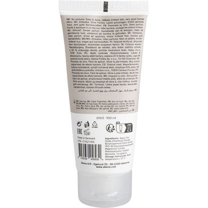 The white tube of Abena Re-Seller GmbH zinc ointment, 20% zinc oxide, 100 ml has a brown label with multilingual instructions and ingredients as well as recycling, EAC, and certification logos for skin regeneration. Sold in boxes (packs of 12).