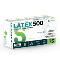 A box of Altruan Latex 500 disposable gloves, natural, size 7S. Contains 100 gloves; powder-free and non-sterile. Product details in German and English. Ideal for anyone looking for high-quality Altruan Latex gloves.