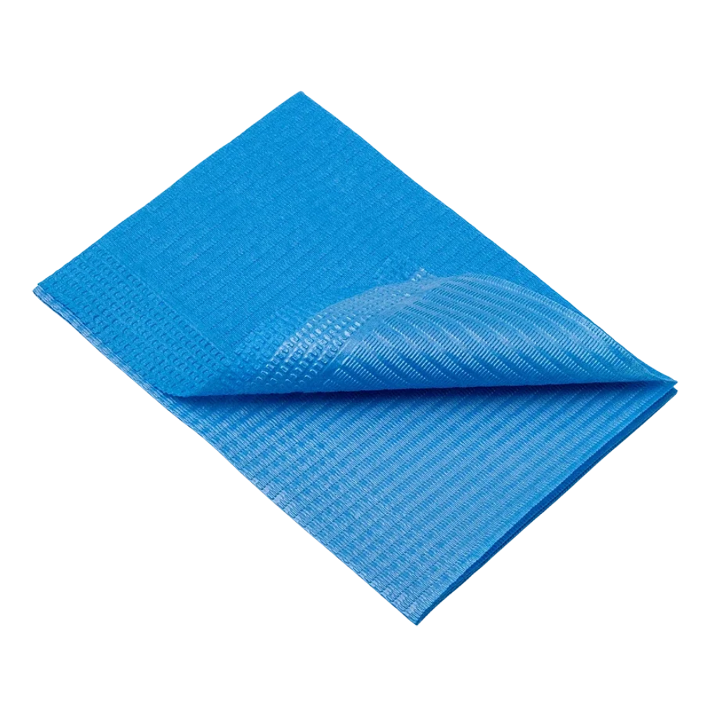 A folded blue tarp made of durable, woven material is seen against a plain white background. It has a visible texture and reinforced edges that resemble the texture of the AMPri Dental disposable patient napkins 33 x 45 cm from AMPri Handelsgesellschaft mbH.