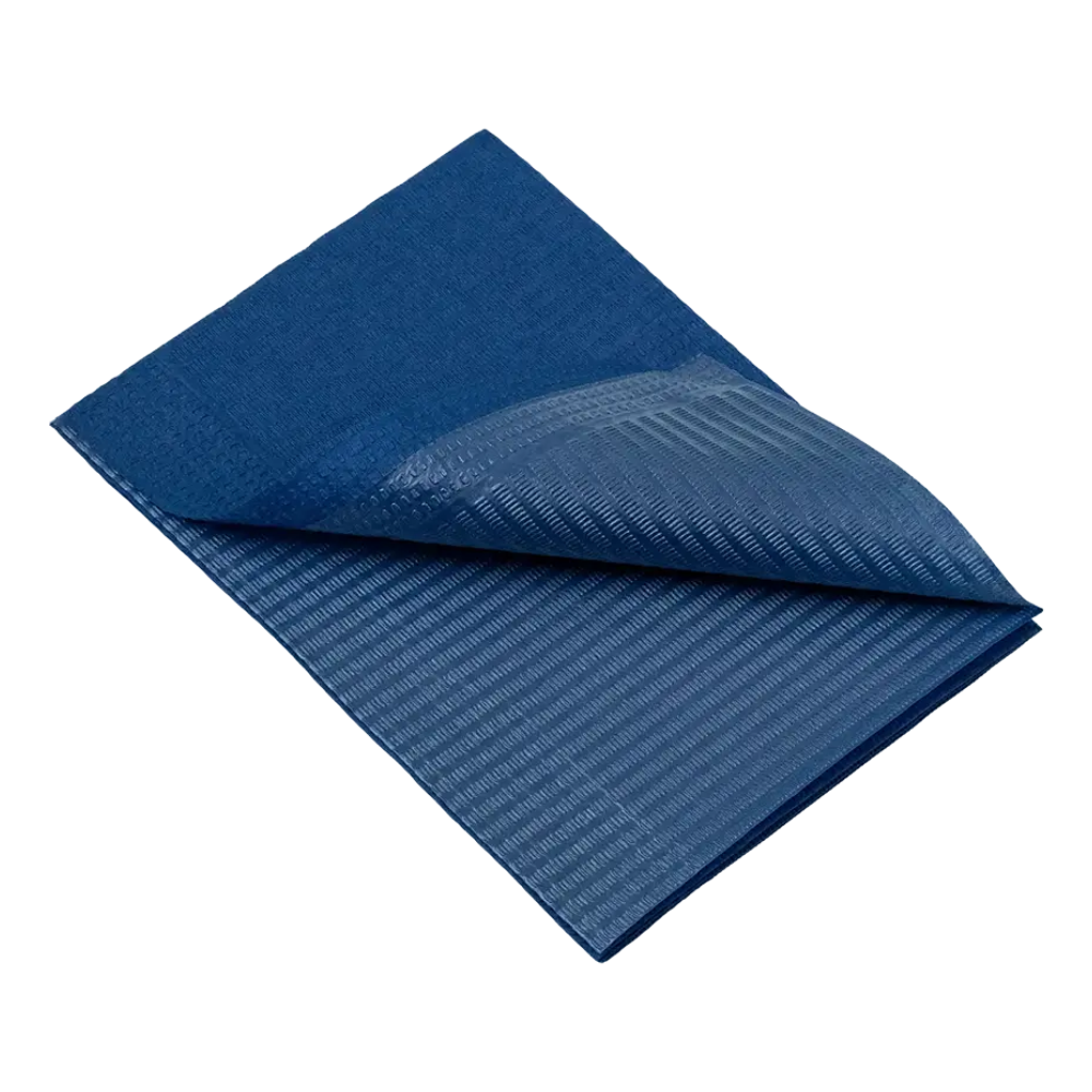 A folded blue tarp with a visible inner layer and textured surface resembles the robust materials of the Dental disposable patient napkins from AMPri Handelsgesellschaft mbH and measures 33 x 45 cm.
