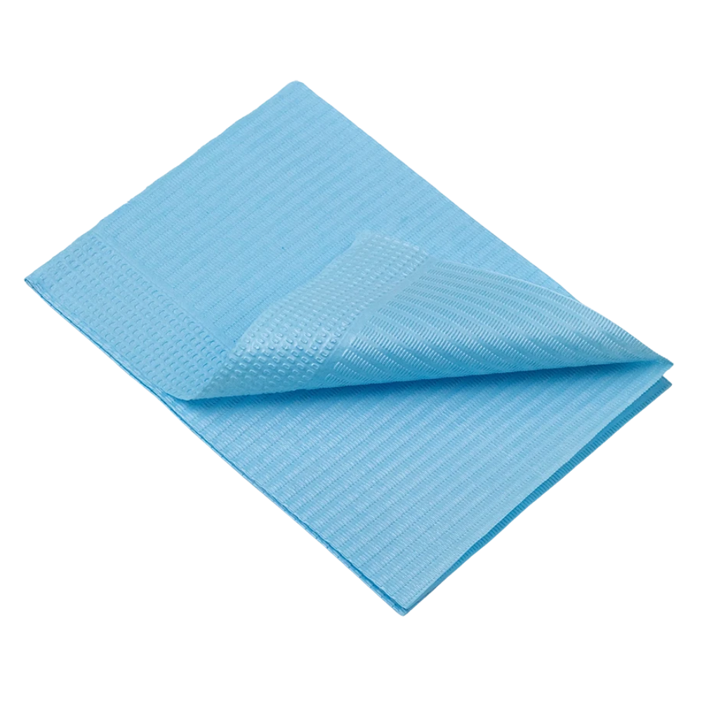 The AMPri Dental disposable patient napkins available in various colors are a blue, rectangular absorbent pad with a textured surface, partially folded to reveal the layers.