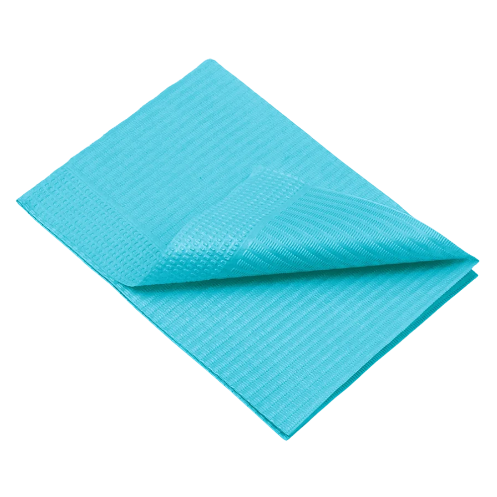 A folded blue tarp, similar in texture to the AMPri Dental disposable patient napkins from AMPri Handelsgesellschaft mbH, is depicted against a white background. One corner is slightly raised, revealing the woven underside.