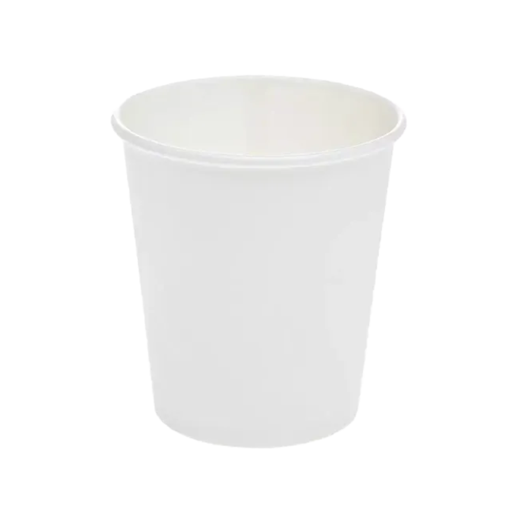 A simple white paper cup with a smooth surface, standing upright. This AMPri Dental hard paper mouthwash cup 190 ml has a cylindrical shape and a slightly wider rim. The background is white, emphasizing its simplicity and functionality, making it ideal for efficient use in the dental practice.