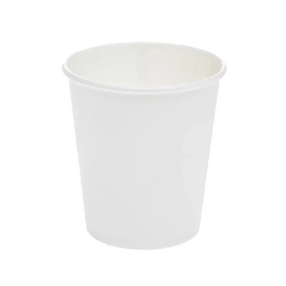 A simple white paper cup with a smooth surface, standing upright. This AMPri Dental hard paper mouthwash cup 190 ml has a cylindrical shape and a slightly wider rim. The background is white, emphasizing its simplicity and functionality, making it ideal for efficient use in the dental practice.