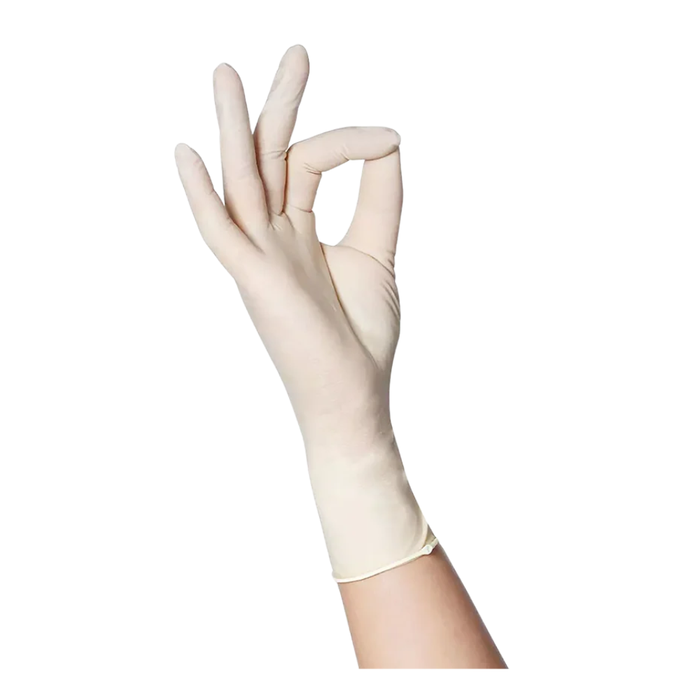 Eine Hand mit AMPri ECO-PLUS Latexhandschuhe puderfrei der AMPri Handelsgesellschaft mbH macht eine OK-Geste, wobei Daumen und Zeigefinger einen Kreis bilden, während die anderen Finger ausgestreckt sind. Der Handschuh ist weiß.
