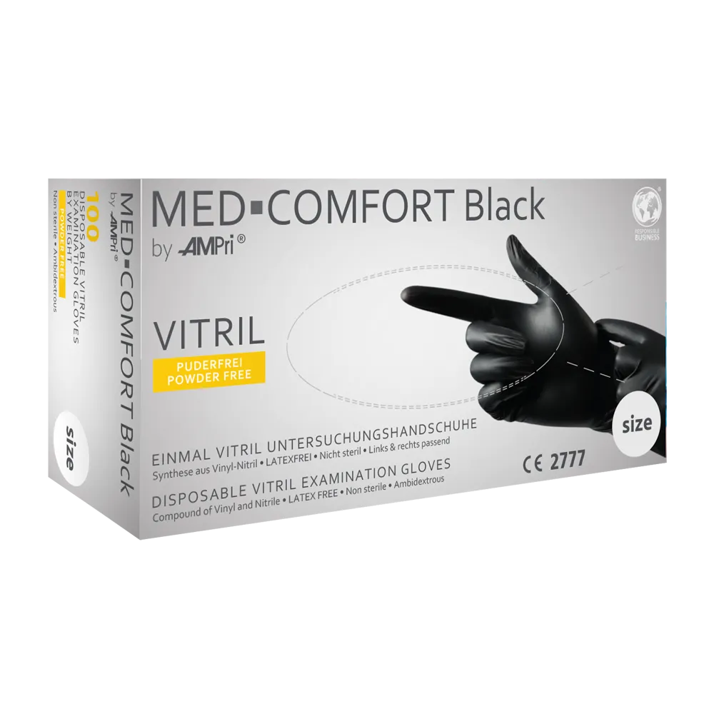 The image shows a box of AMPri MED-COMFORT BLACK powder-free nitrile gloves, black, from AMPri Handelsgesellschaft mbH. The box is predominantly white with black and yellow text and shows a gloved hand. The gloves are powder-free and the packaging has a CE certification.