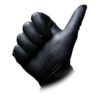 A hand wearing an AMPri MED-COMFORT BLACK powder-free nitrile glove, black, from AMPri Handelsgesellschaft mbH, shows a thumbs-up against a white background.