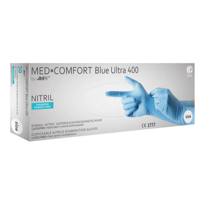 A box of AMPri MED-COMFORT BLUE ULTRA 400 extra-long disposable examination gloves made of nitrile from AMPri Handelsgesellschaft mbH, marked as size 'S' and ideal for the food industry. These blue nitrile gloves are latex-free, powder-free, and ambidextrous. The packaging features an image of hands wearing these blue examination gloves.