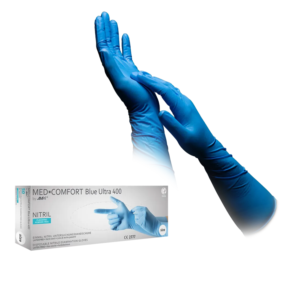 A pair of hands with blue examination gloves adjusts the right glove. In the foreground, there is a box labeled 'AMPri MED-COMFORT BLUE ULTRA 400 nitrile gloves extra long' from AMPri Handelsgesellschaft mbH, containing similar nitrile gloves that are ideal for the food industry.