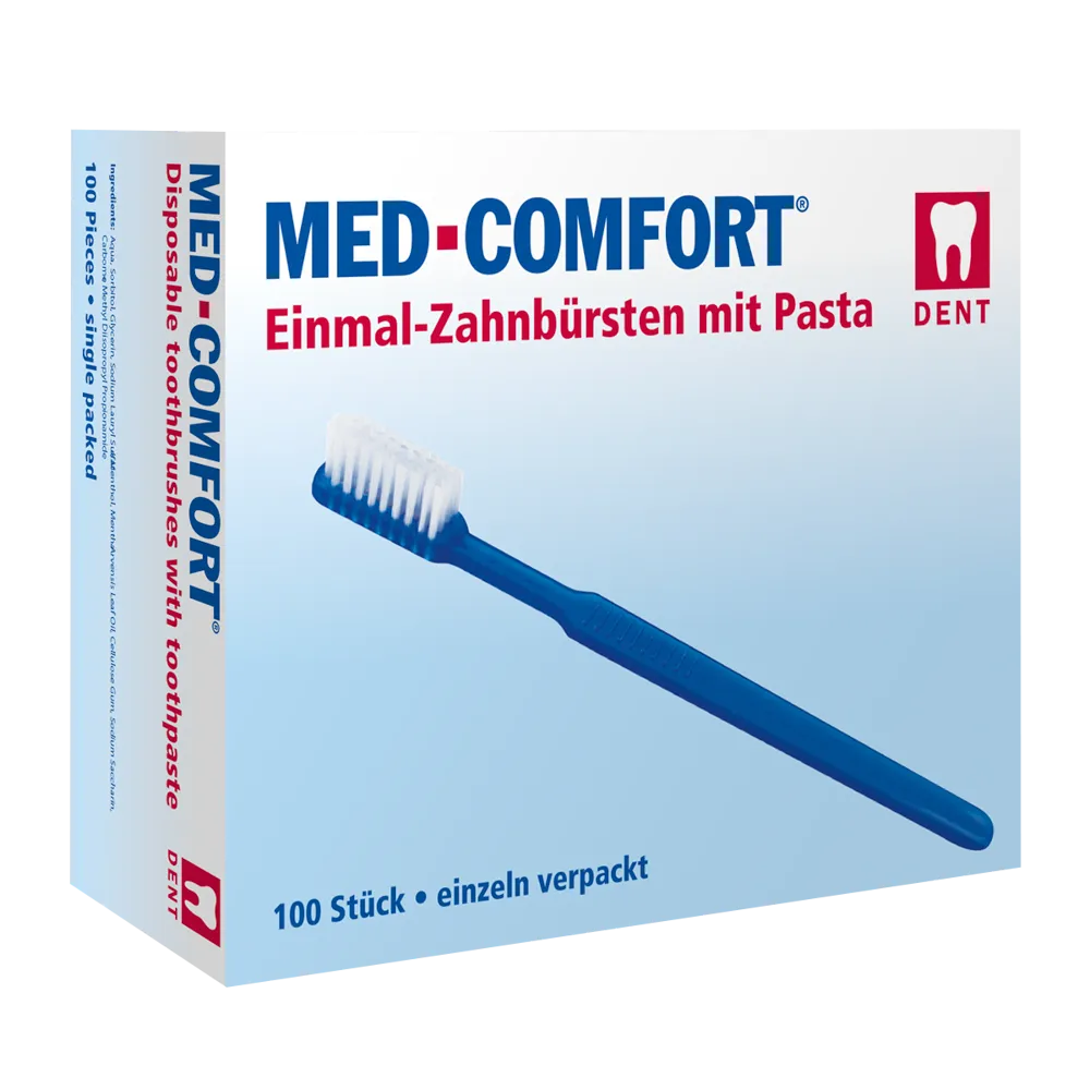 Die AMPri MED-COMFORT Box der AMPri Handelsgesellschaft mbH, ideal für die Zahnpflege unterwegs, enthält Einmalzahnbürsten mit Zahnpasta. Abgebildet ist eine blaue Zahnbürste, ein zweisprachiger Text weist darauf hin, dass die Box 100 einzeln verpackte Stück in verschiedenen Farben enthält.