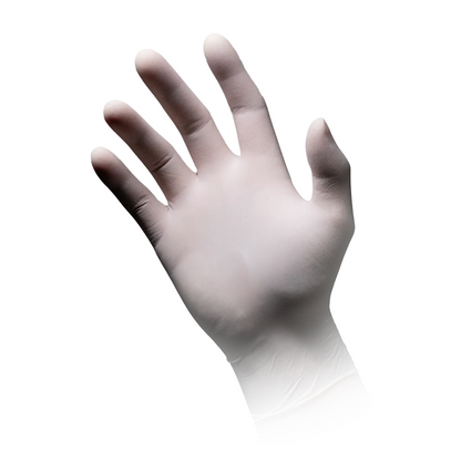 A raised hand is wearing a powder-free, white AMPri MED-COMFORT Premium Grip Latex Glove against a plain white background. The glove fits snugly and covers the entire hand and wrist, perfect for professional use.