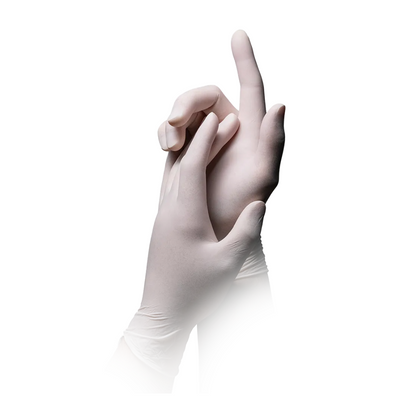 Close-up of two hands with AMPri MED-COMFORT Premium Grip Latex Gloves, white from AMPri Handelsgesellschaft mbH against a white background. The right hand is slightly bent and the left hand touches the right wrist, suggesting the process of putting on or adjusting the gloves.
