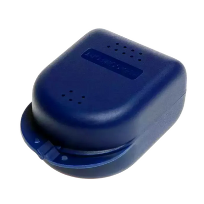 A blue, rectangular AMPri PP Dental braces box for children made of durable polypropylene with rounded edges and small ventilation holes at the top.