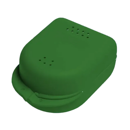A green, rectangular AMPri PP Dental braces box for children, measuring 90 x 60 x 45 cm, with rounded edges and ventilation holes at the top. It has a clamshell design with a secure closure and a small handle on the front.