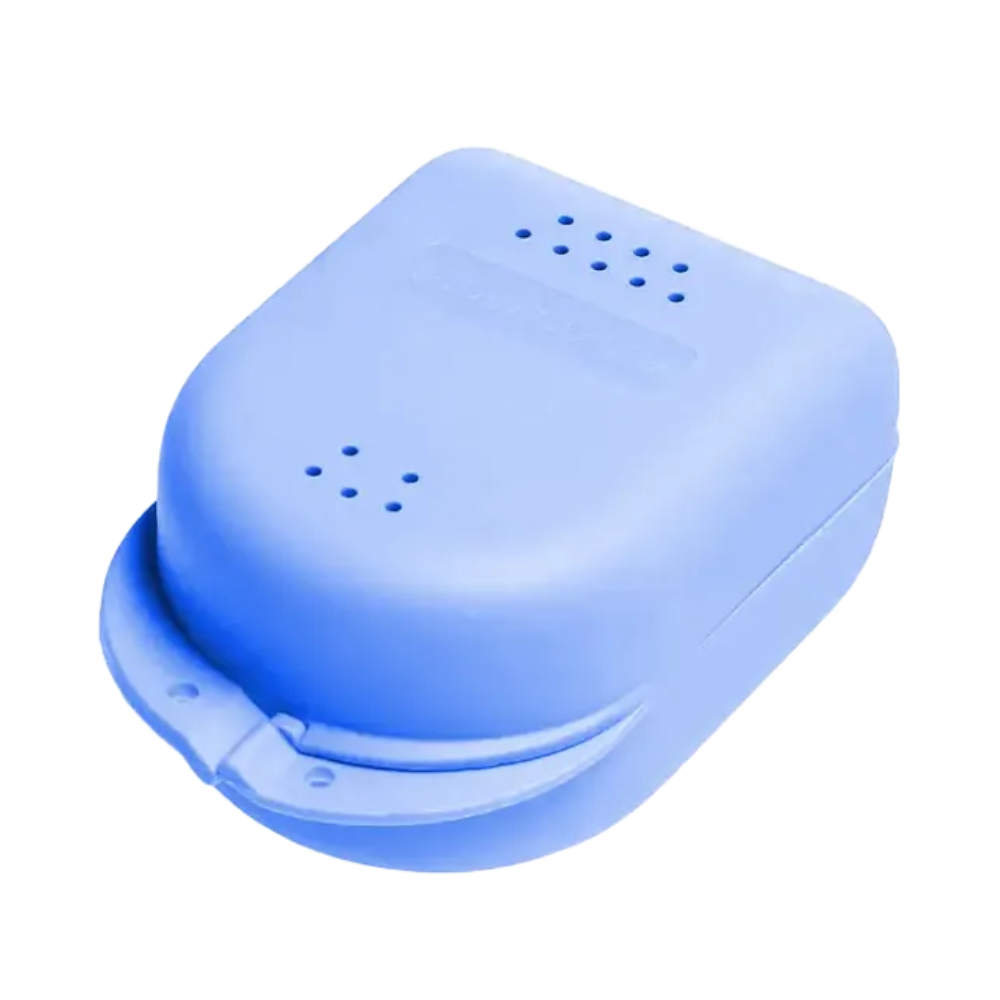 A blue, rectangular AMPri PP Dental braces box for children with dimensions of 90 x 60 x 45 cm, features a rounded lid and small ventilation holes at the top and is made of durable polypropylene.