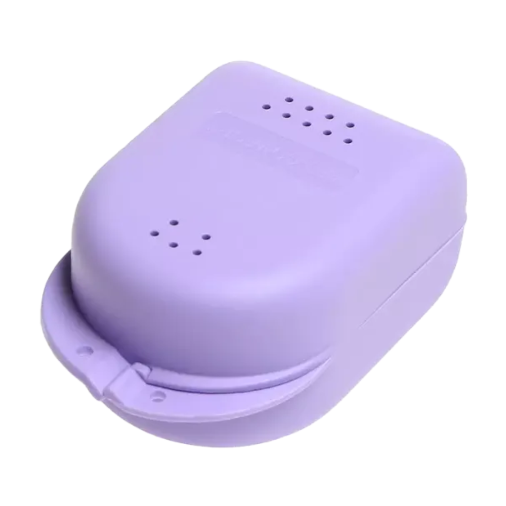 A purple, rectangular AMPri PP dentist case for children measuring 90 x 60 x 45 cm with a hinged lid and multiple ventilation holes on the top and front, ideal as a storage box or even as a retainer case.