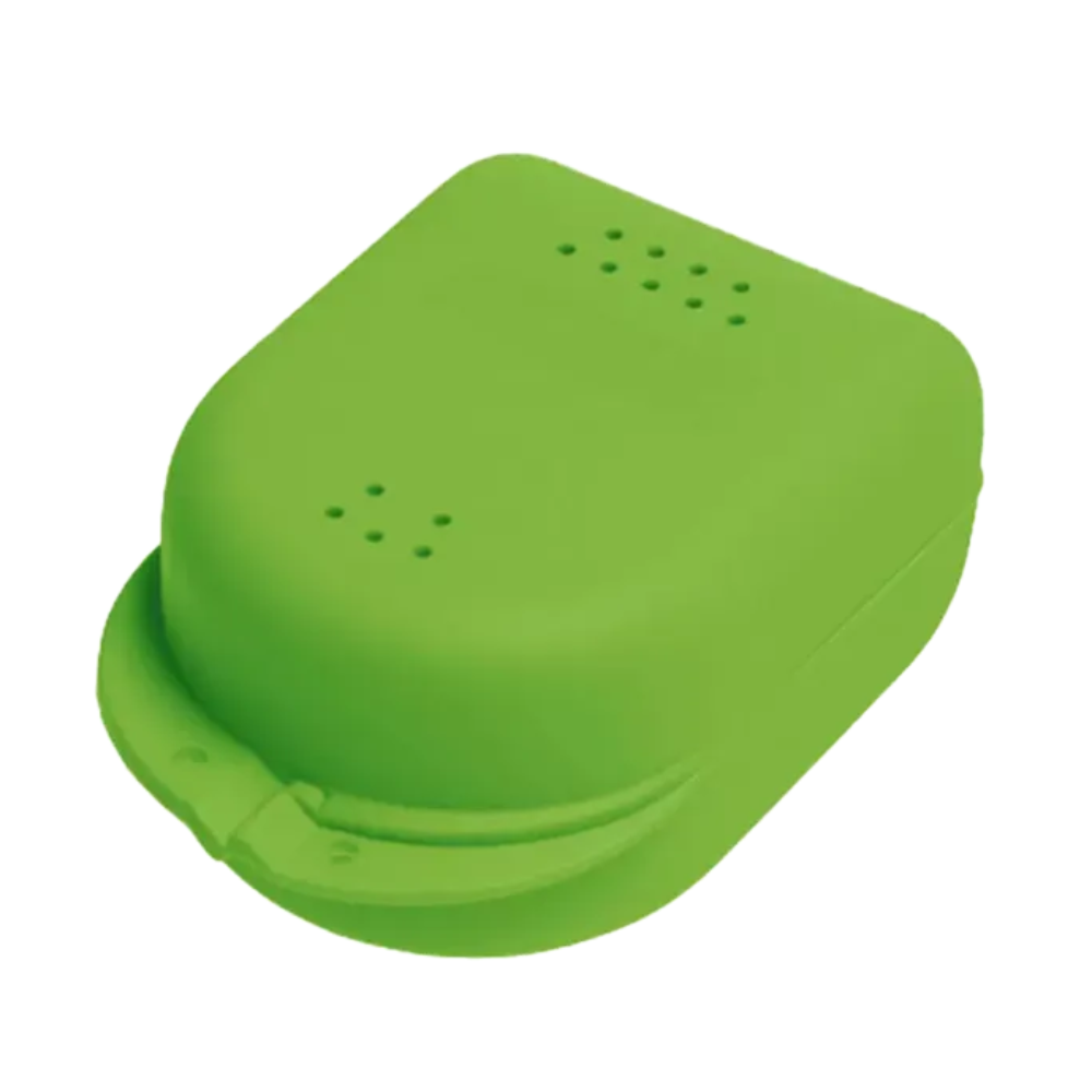 The AMPri PP Dental braces box for children, measuring 90 x 60 x 45 cm and available in various colors, is a green, rectangular box made of durable polypropylene. It features a secure closure and ventilation holes in the lid. With slightly rounded edges, this portable storage box from AMPri Handelsgesellschaft mbH ensures your braces stay safe and fresh on the go.