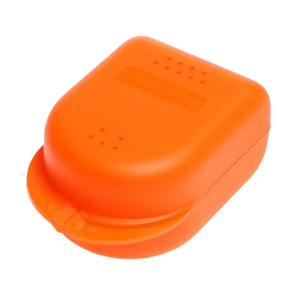 The AMPri PP Dental braces box for children measures 90 x 60 x 45 cm and is available in various colors. It is a bright orange rectangular polypropylene box with a flip lid and small ventilation holes at the top. It is designed for the safe storage of items and also serves as an attractive storage box for electronic devices.