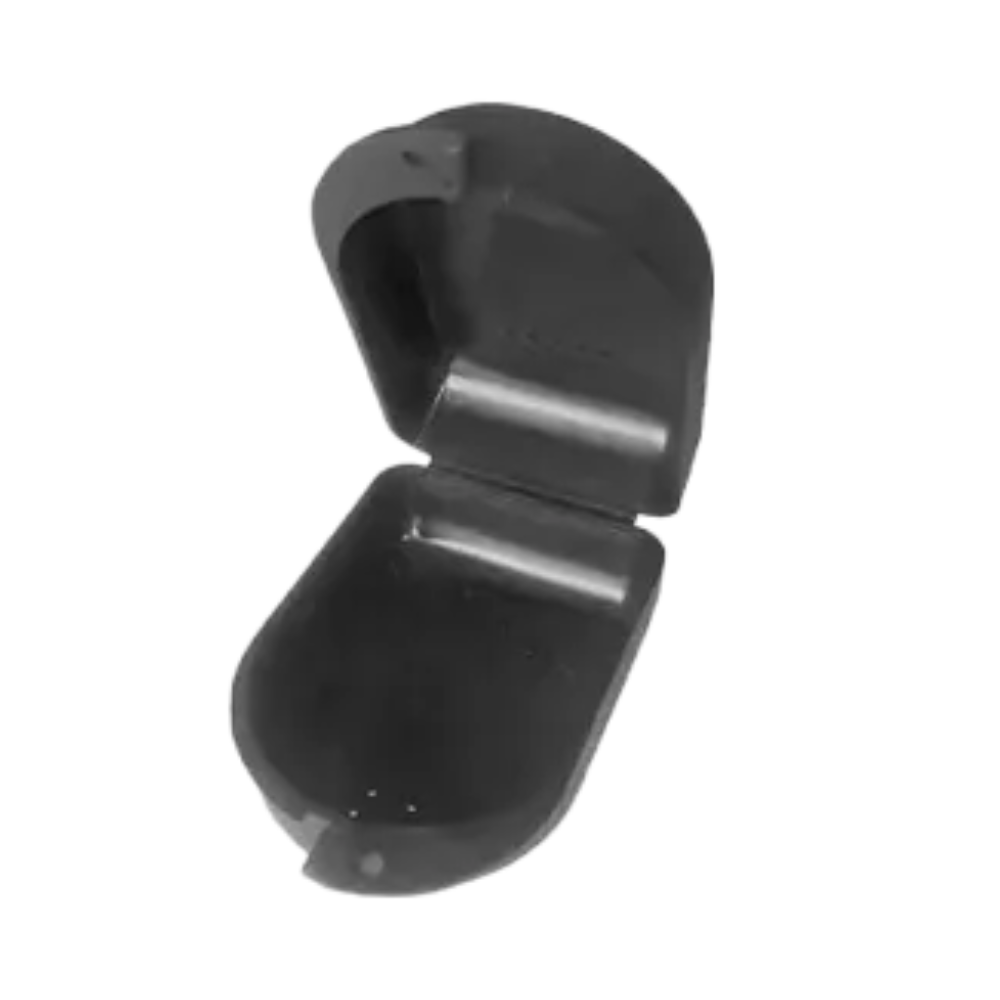 A stylish black open mouse bait station made of robust polypropylene with a semi-circular lid and base. It is designed to hold bait securely in its interior compartment, similar to an AMPri PP Dental braces box.