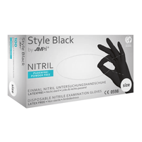 A white box labeled “AMPri STYLE BLACK Powder-Free Nitrile Gloves by MED-COMFORT, Black” from AMPri Handelsgesellschaft mbH contains black disposable nitrile gloves that are powder-free, non-sterile, latex-free, and ambidextrous. The box features an image of a hand wearing a black glove.