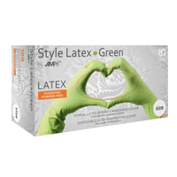 Die AMPri STYLE GREEN Latexhandschuhe puderfrei von MED-COMFORT der AMPri Handelsgesellschaft mbH werden in einer Box zu 100 Stück geliefert. Auf der Verpackung sind Hände abgebildet, die mit den grünen Handschuhen eine Herzform bilden. Diese Handschuhe sind ungepudert, zum Einmalgebrauch bestimmt und unsteril.